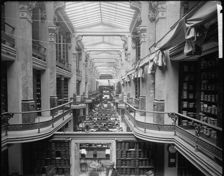 Grand historical library interior with skylight.
