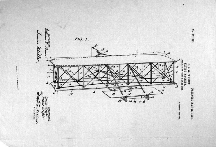 Patent drawing of an early aircraft design.