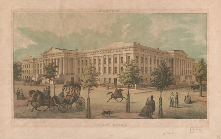 Historic building with carriages and pedestrians outside.