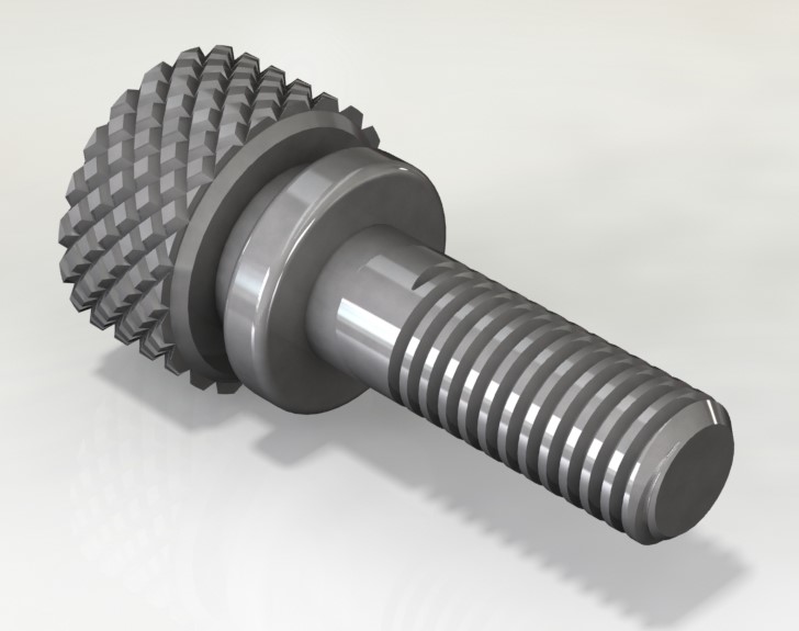 Textured metal screw with knurled head.